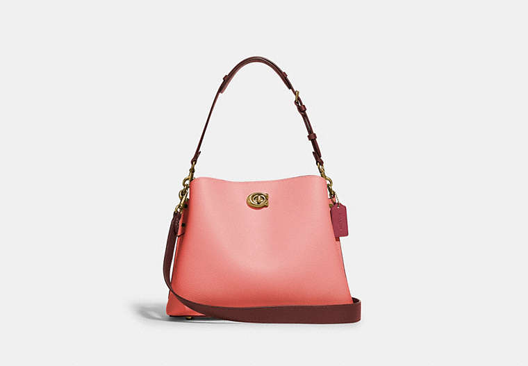 COACH®,WILLOW SHOULDER BAG IN COLORBLOCK,Pebble Leather,Medium,Brass/Candy Pink Multi,Front View