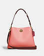 COACH®,WILLOW SHOULDER BAG IN COLORBLOCK,Pebble Leather,Medium,Brass/Candy Pink Multi,Front View
