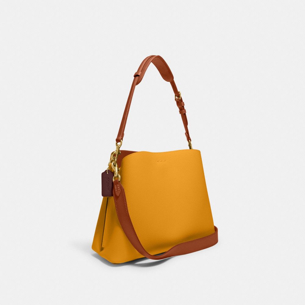 COACH®,Willow Shoulder Bag In Colorblock,Leather,Crossbody,Color Block,Ball Embellishment,Logo,Gold Metal,Casual,Mustard,Angle View