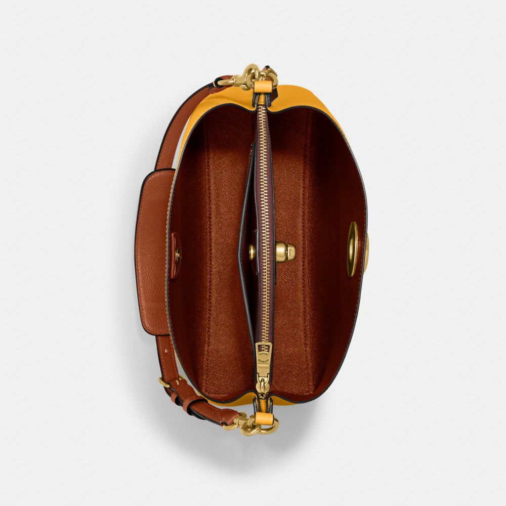COACH®,Willow Shoulder Bag In Colorblock,Leather,Crossbody,Color Block,Ball Embellishment,Logo,Gold Metal,Casual,Mustard,Inside View,Top View
