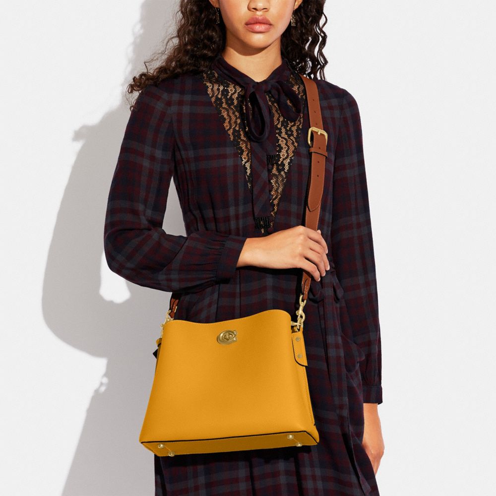COACH®,Willow Shoulder Bag In Colorblock,Leather,Crossbody,Color Block,Ball Embellishment,Logo,Gold Metal,Casual,Mustard,Detail View