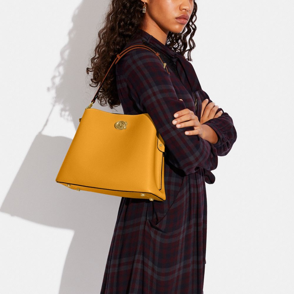 COACH®,Willow Shoulder Bag In Colorblock,Leather,Crossbody,Color Block,Ball Embellishment,Logo,Gold Metal,Casual,Mustard,Detail View