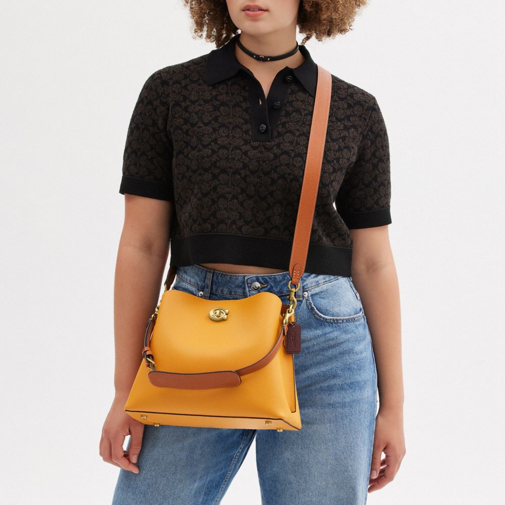 COACH®,Willow Shoulder Bag In Colorblock,Leather,Crossbody,Color Block,Ball Embellishment,Logo,Gold Metal,Casual,Mustard,Scale View