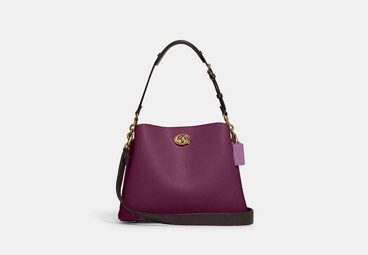 COACH®,WILLOW SHOULDER BAG IN COLORBLOCK,Pebble Leather,Medium,Brass/Deep Berry Multi,Front View