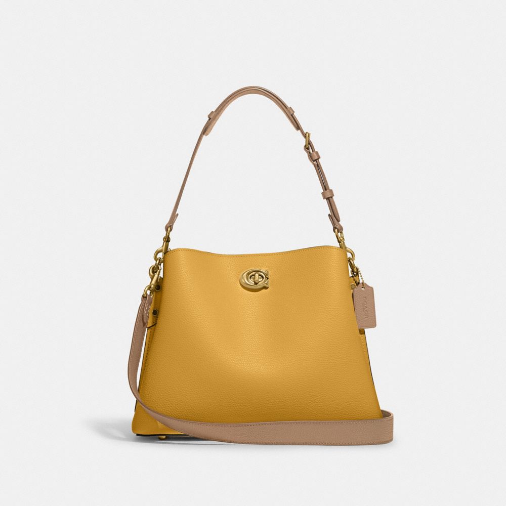 COACH®,Willow Shoulder Bag In Colorblock,Leather,Shoulder Bag,Logo,Metal,Casual,Mustard,Front View