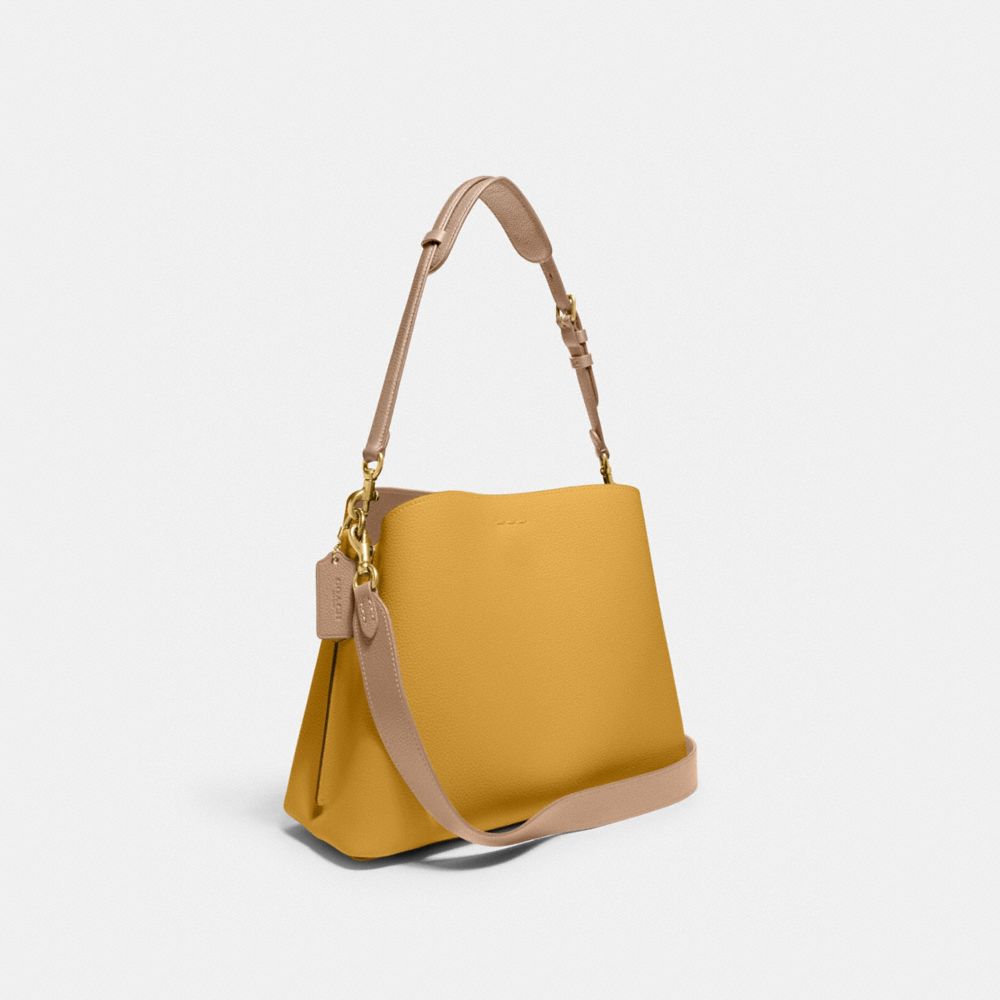 COACH®,Willow Shoulder Bag In Colorblock,Leather,Shoulder Bag,Logo,Metal,Casual,Mustard,Angle View