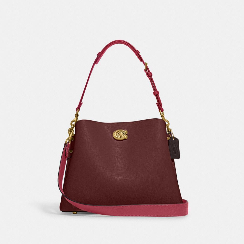 COACH®,WILLOW SHOULDER BAG IN COLORBLOCK,Refined Pebble Leather,Medium,Brass/Wine,Front View image number 0