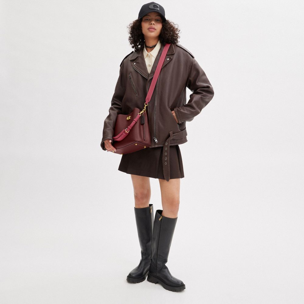 COACH®,Willow Shoulder Bag In Colorblock,Leather,Crossbody,Color Block,Logo,Ball Embellishment,Gold Metal,Casual,Maroon,Detail View