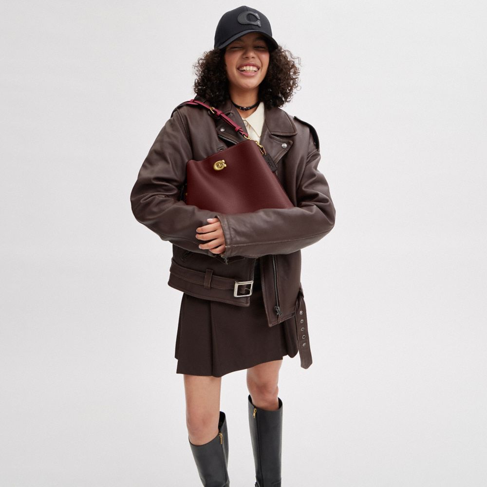 COACH®,Willow Shoulder Bag In Colorblock,Leather,Crossbody,Color Block,Logo,Ball Embellishment,Gold Metal,Casual,Maroon,Detail View