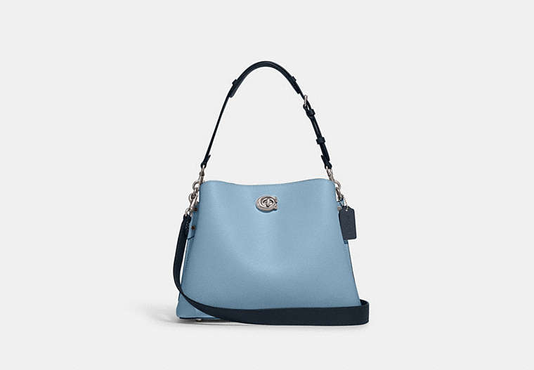 COACH®,WILLOW SHOULDER BAG IN COLORBLOCK,Pebble Leather,Medium,Silver/Pool Multi,Front View