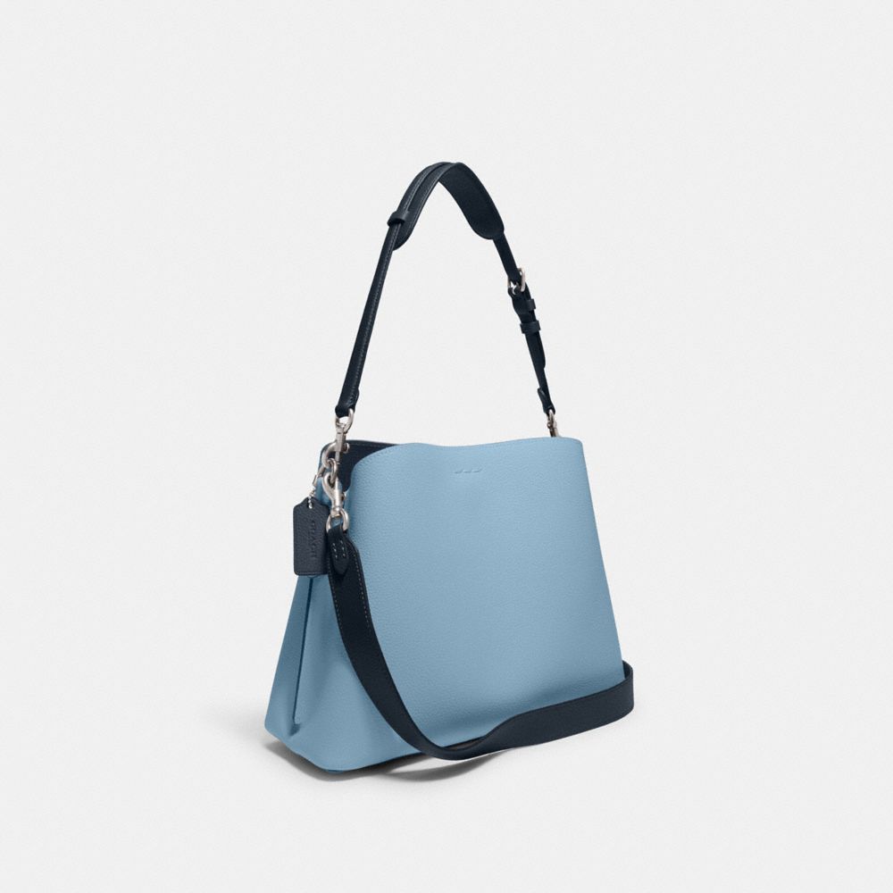 COACH®,WILLOW SHOULDER BAG IN COLORBLOCK,Refined Pebble Leather,Medium,Silver/Pool Multi,Angle View