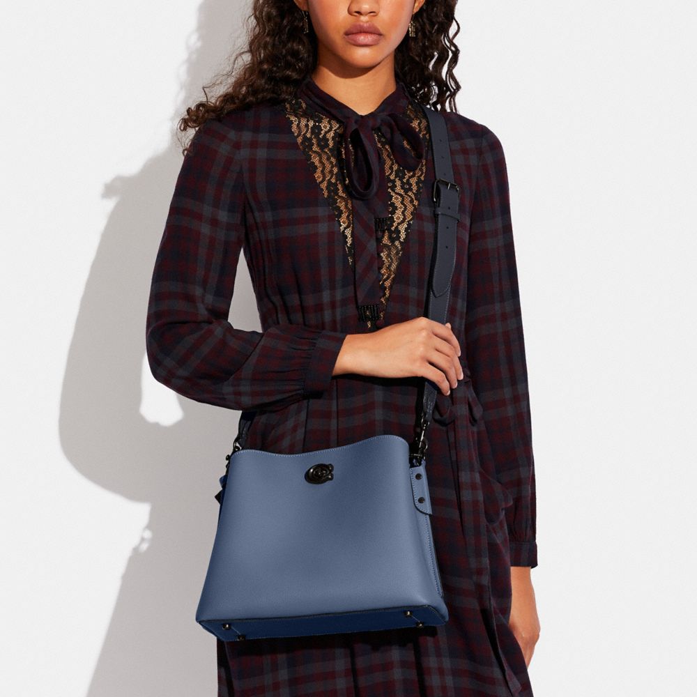 COACH®,Willow Shoulder Bag In Colorblock,Leather,Crossbody,Color Block,Logo,Ball Embellishment,Gold Metal,Casual,Blue,Detail View