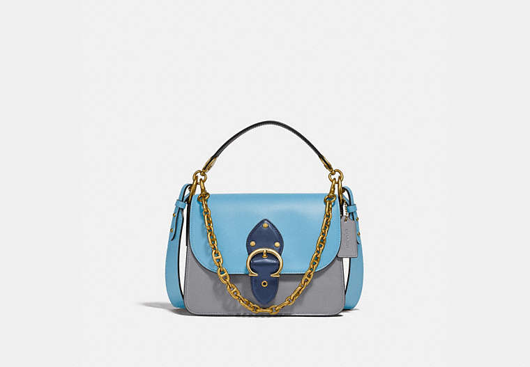COACH®,BEAT SHOULDER BAG IN COLORBLOCK,Smooth Leather,Brass/Azure Multi,Front View