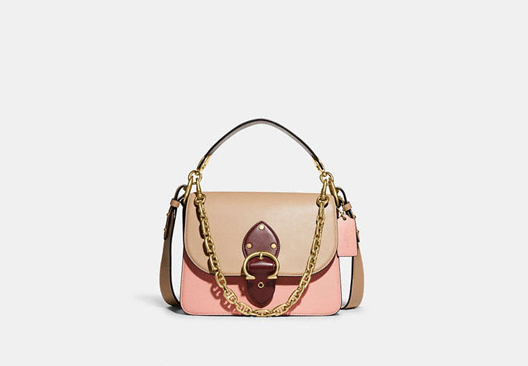 COACH®,BEAT SHOULDER BAG IN COLORBLOCK,Smooth Leather,Medium,Brass/Candy Pink Multi,Front View