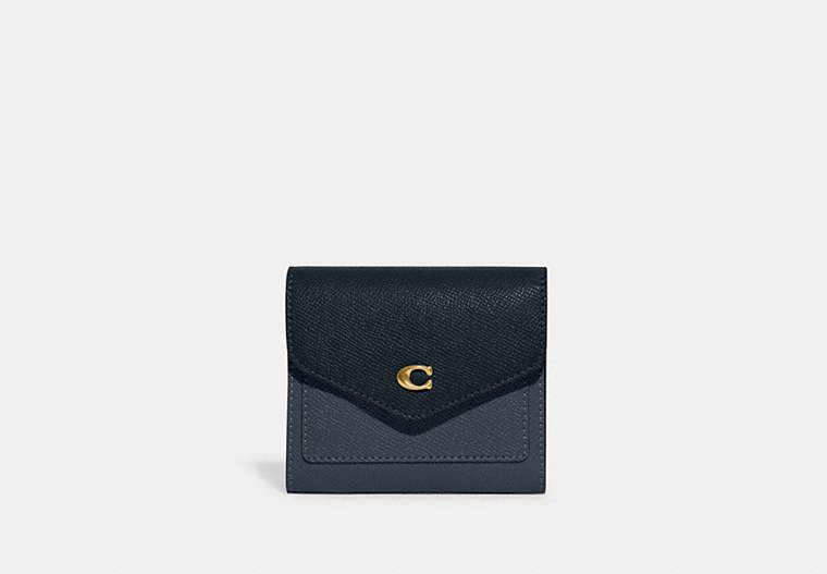 COACH®,WYN SMALL WALLET IN COLORBLOCK,Crossgrain Leather,Mini,Brass/Denim,Front View image number 0