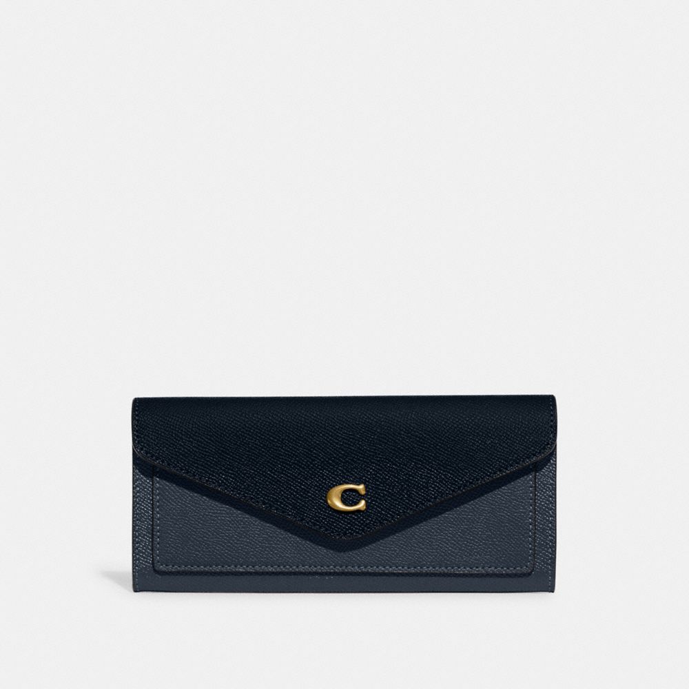 COACH®,WYN SOFT WALLET IN COLORBLOCK,Pebble Leather,Brass/Denim,Front View image number 0