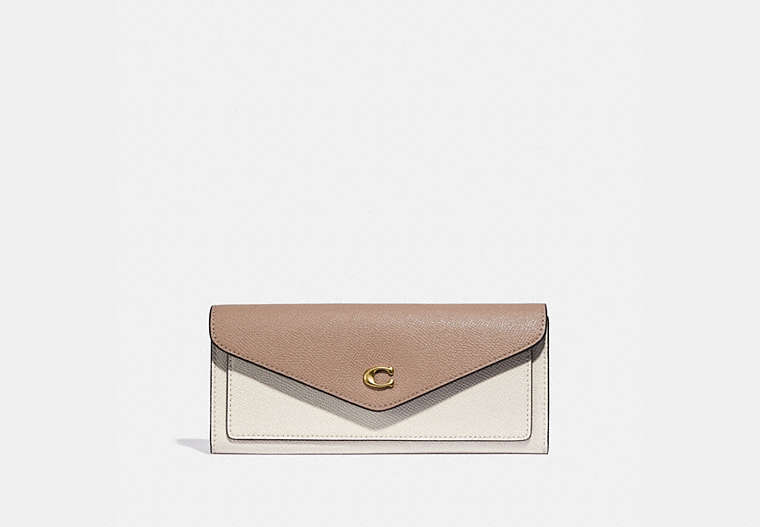 COACH®,WYN SOFT WALLET IN COLORBLOCK,Pebble Leather,Brass/Chalk Taupe Multi,Front View image number 0
