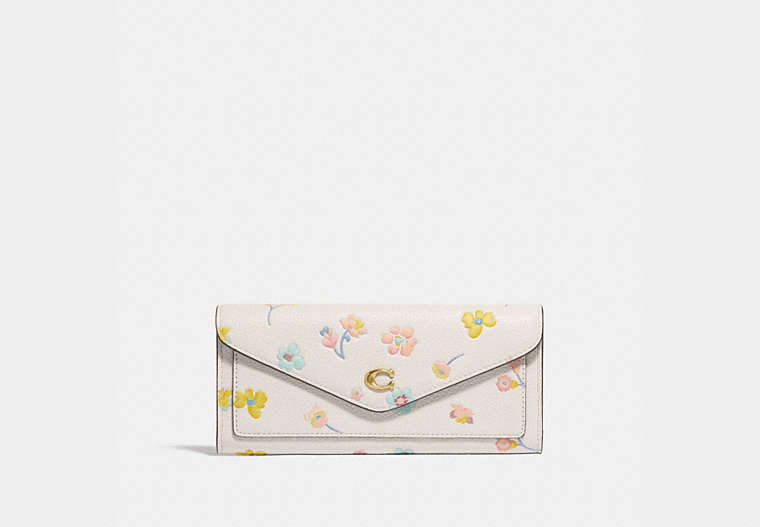 COACH®,WYN SOFT WALLET WITH WATERCOLOR FLORAL PRINT,Pebble Leather,Brass/Chalk Multi,Front View