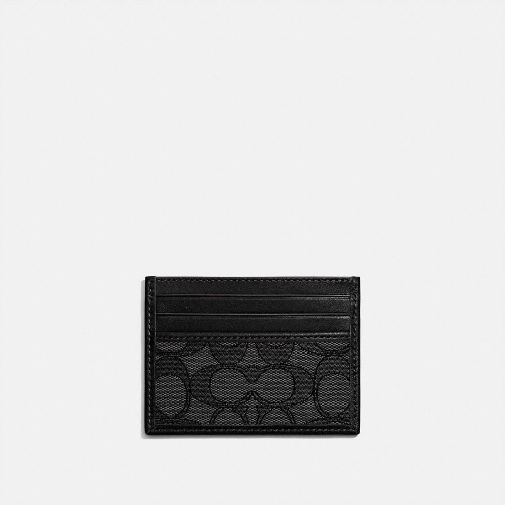 COACH®,ÉTUI-CARTES EN JACQUARD SIGNATURE,Jacquard,FUMÉE/NOIR,Front View