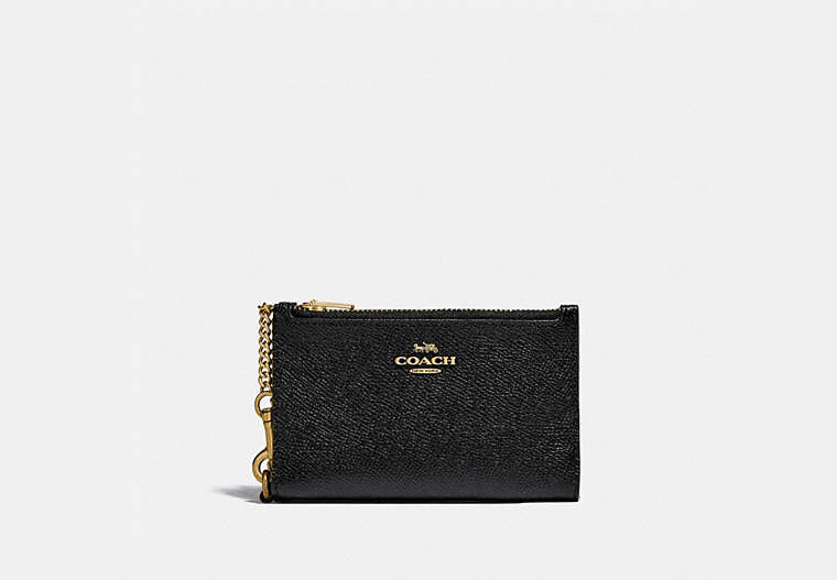 COACH®,ZIP CHAIN CARD CASE,Pebble Leather,Brass/Black,Front View