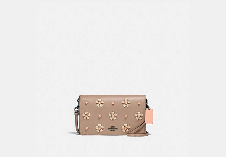 COACH®,HAYDEN FOLDOVER CROSSBODY CLUTCH WITH TEA ROSE KNOT,Smooth Leather,Mini,Pewter/Taupe,Front View
