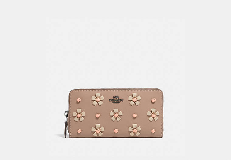 COACH®,ACCORDION ZIP WALLET WITH TEA ROSE KNOT,Smooth Leather,Mini,Pewter/Taupe,Front View