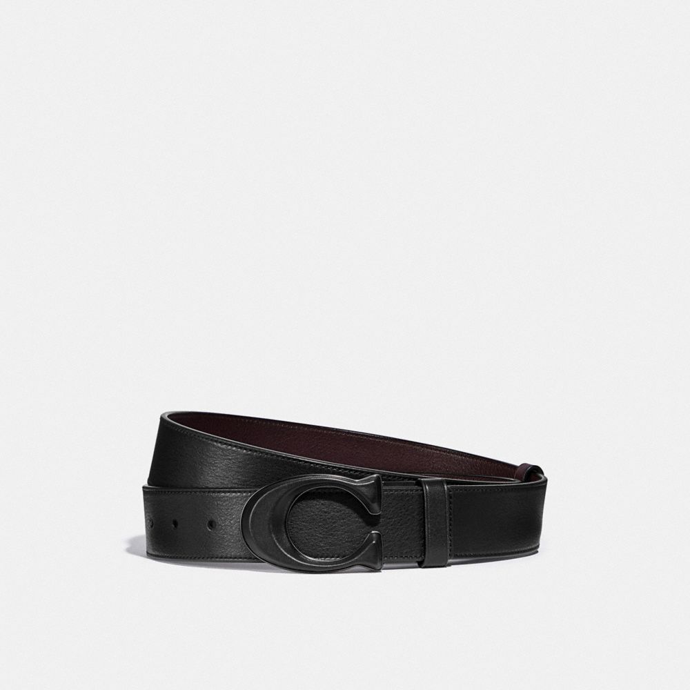 COACH®,SIGNATURE BUCKLE CUT-TO-SIZE REVERSIBLE BELT, 38MM,Smooth Leather,Black/Ox Blood,Front View image number 0