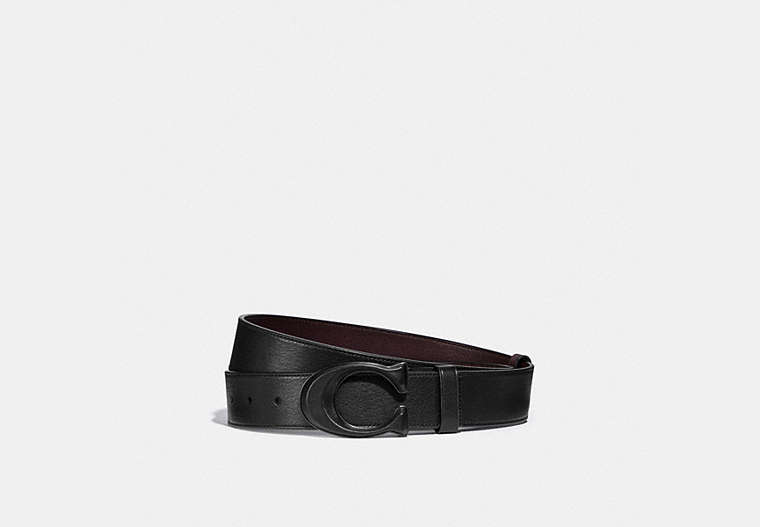 COACH®,SIGNATURE BUCKLE CUT-TO-SIZE REVERSIBLE BELT, 38MM,Smooth Leather,Black/Ox Blood,Front View image number 0