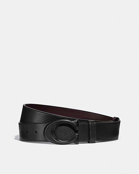 COACH®,SIGNATURE BUCKLE CUT-TO-SIZE REVERSIBLE BELT, 38MM,Smooth Leather,Black/Ox Blood,Front View
