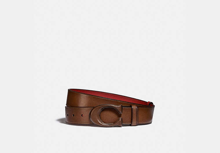 COACH®,SIGNATURE BUCKLE CUT-TO-SIZE REVERSIBLE BELT, 38MM,Smooth Leather,Saddle/Red Sand,Front View
