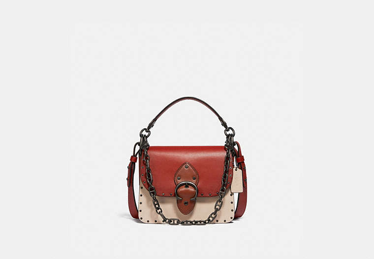 COACH®,BEAT SHOULDER BAG 18 IN COLORBLOCK WITH RIVETS,Smooth Leather,Small,Pewter/Red Sand Ivory Multi,Front View