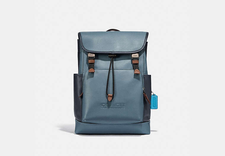 COACH®,LEAGUE FLAP BACKPACK IN COLORBLOCK,Smooth Leather,X-Large,Black Copper/Blue Quartz Multi,Front View