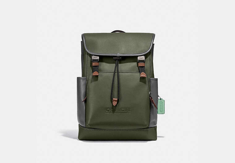 COACH®,LEAGUE FLAP BACKPACK IN COLORBLOCK,Smooth Leather,X-Large,Black Copper/Dark Shamrock Multi,Front View