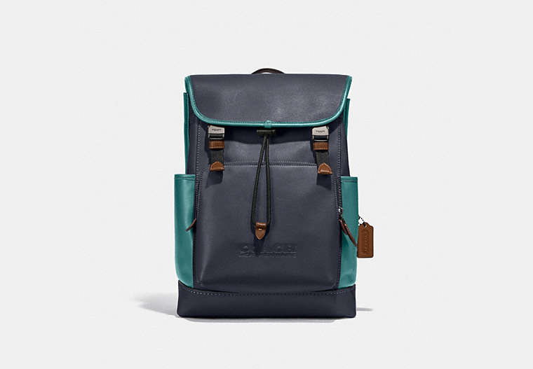 COACH®,LEAGUE FLAP BACKPACK IN COLORBLOCK,Smooth Leather,X-Large,Black Copper/Ocean Multi,Front View