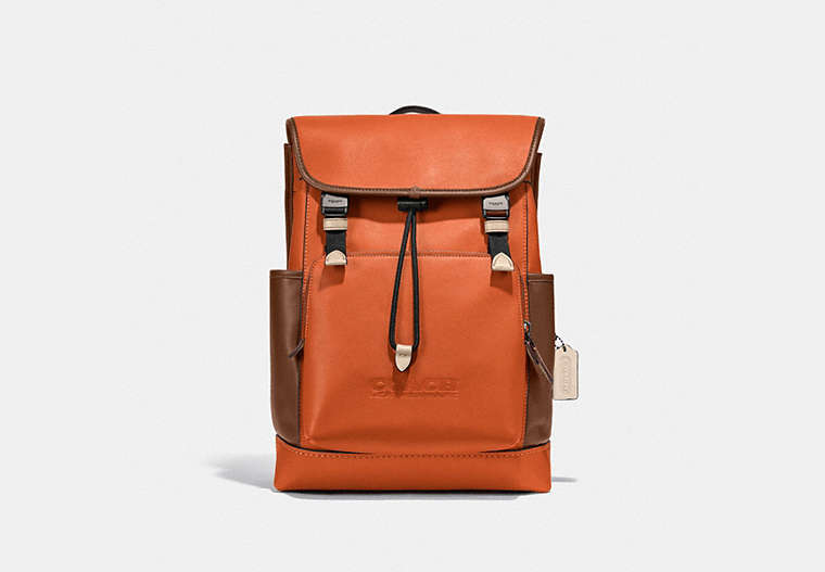 COACH®,LEAGUE FLAP BACKPACK IN COLORBLOCK,Smooth Leather,X-Large,Black Copper/Spice Orange Multi,Front View