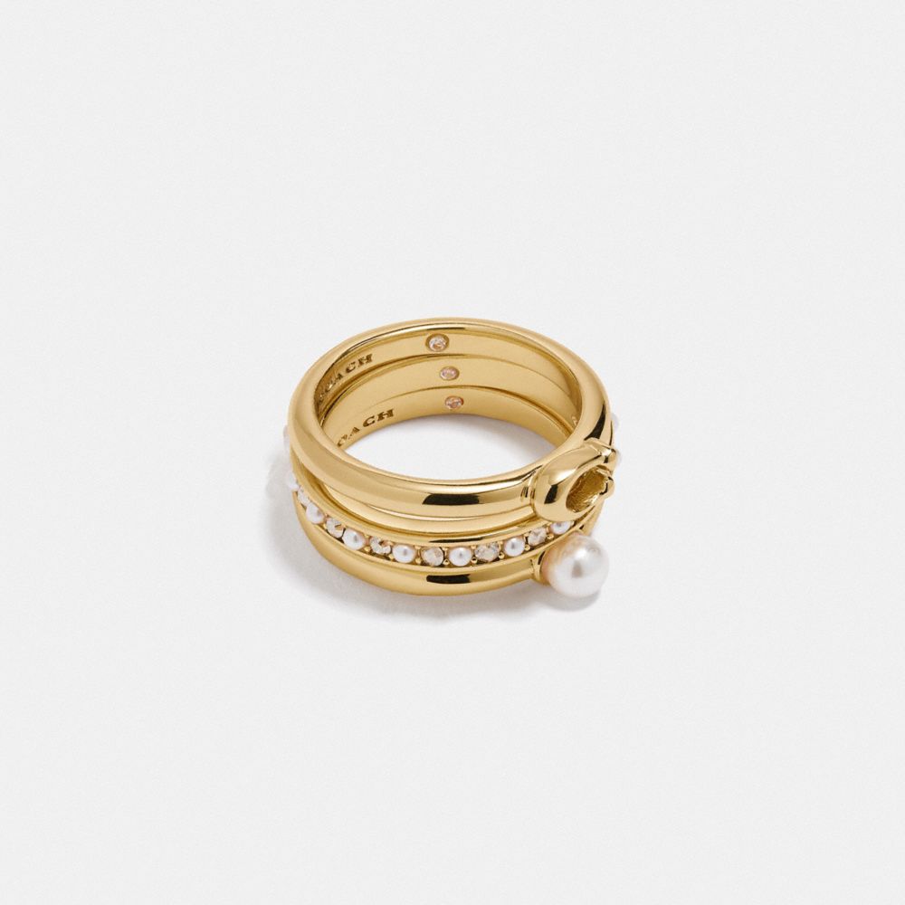 COACH®,CLASSIC CRYSTAL PEARL RING SET,Plated Brass,Gold,Front View