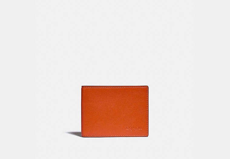 COACH®,SLIM BILLFOLD WALLET IN COLORBLOCK,Smooth Leather,Spice Orange/Dark Saddle,Front View
