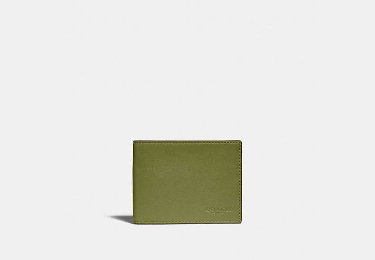 COACH®,SLIM BILLFOLD WALLET IN COLORBLOCK,Smooth Leather,Olive Green/Amazon Green,Front View