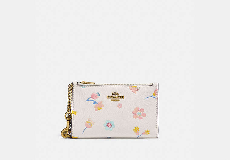 COACH®,ZIP CHAIN CARD CASE WITH WATERCOLOR FLORAL PRINT,Pebble Leather,Brass/Chalk Multi,Front View