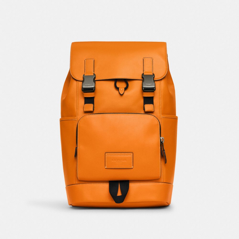 COACH®,Track Backpack,Calfskin Leather,Leather,Backpack,Belt,Gunmetal,Casual,Orange,Front View