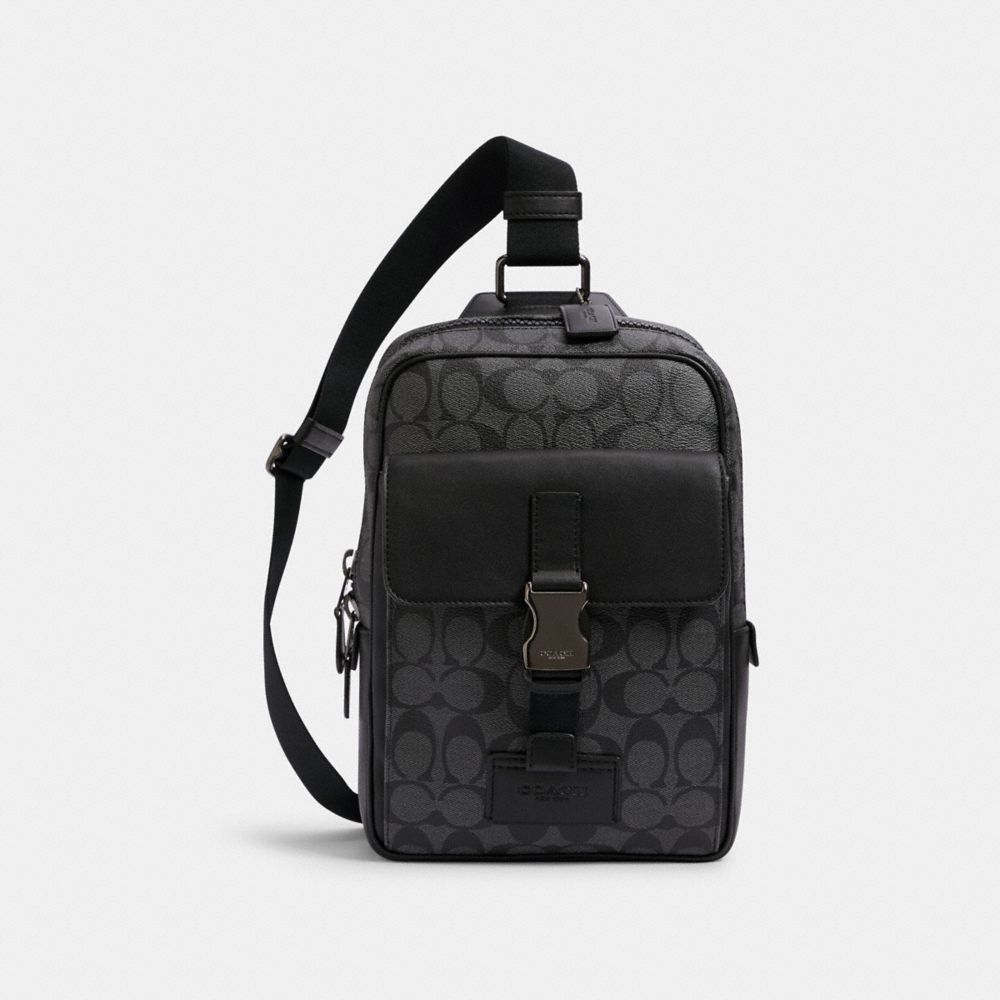 COACH®,TRACK PACK IN SIGNATURE CANVAS,Signature Canvas,Small,Travel,Gunmetal/Charcoal/Black,Front View