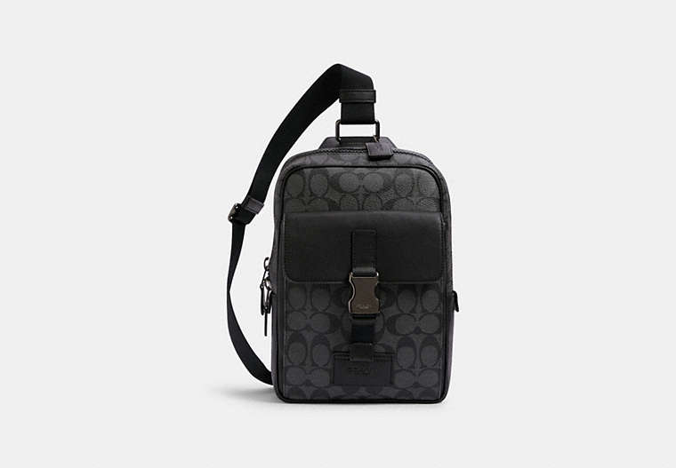 COACH®,TRACK PACK IN SIGNATURE CANVAS,pvc,Small,Travel,Gunmetal/Charcoal/Black,Front View
