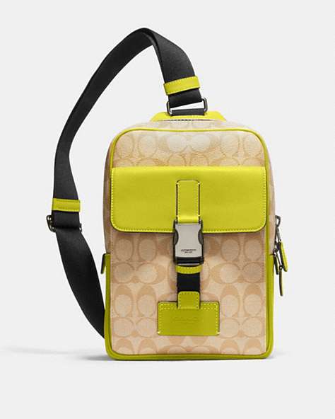 COACH®,TRACK PACK IN SIGNATURE CANVAS,pvc,Small,Travel,Black Antique Nickel/Light Khaki/Key Lime,Front View
