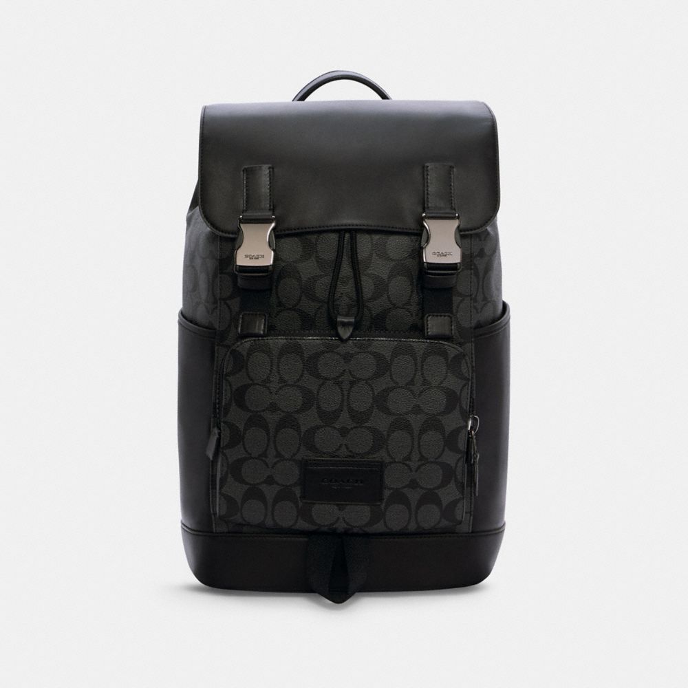 COACH®,TRACK BACKPACK IN SIGNATURE CANVAS,Office,Gunmetal/Charcoal/Black,Front View