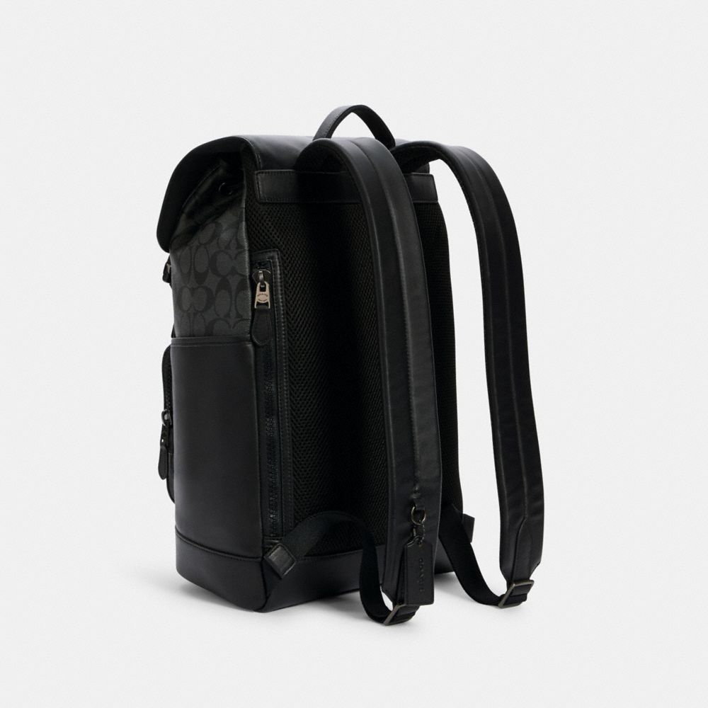 COACH®,TRACK BACKPACK IN SIGNATURE CANVAS,Signature Canvas,X-Large,Office,Gunmetal/Charcoal/Black,Angle View
