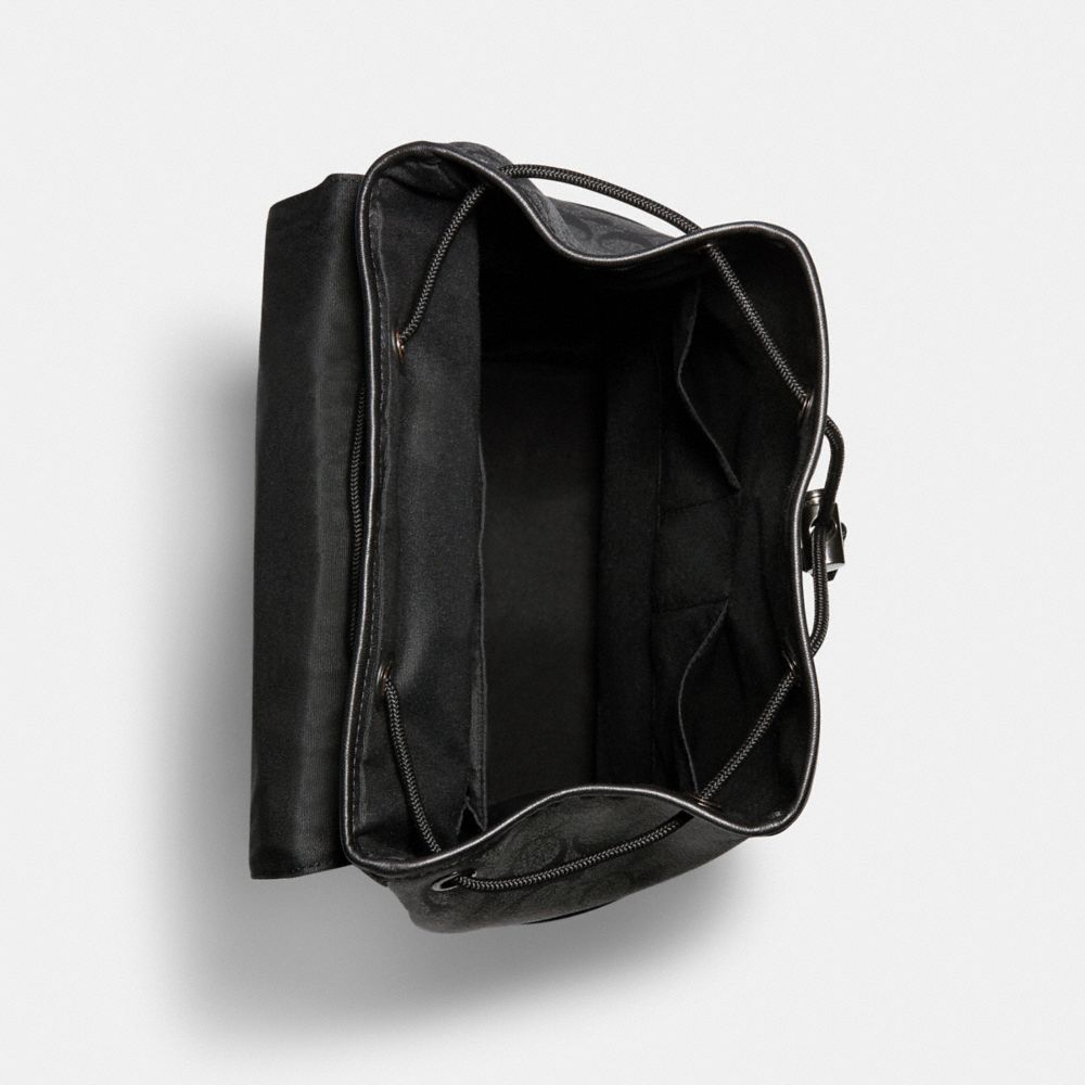 COACH®,Track Backpack In Signature Canvas,Canvas,Leather,Backpack,PVC,Logo,Gunmetal,Casual,Multi Color,Inside View,Top View