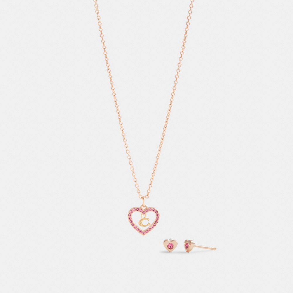 COACH®,HEART NECKLACE AND STUD EARRINGS SET,Metal,RS/PINK,Front View
