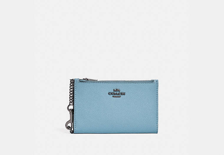 COACH®,ZIP CHAIN CARD CASE WITH COLORBLOCK INTERIOR,Pebble Leather,Pewter/Azure,Front View