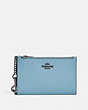 COACH®,ZIP CHAIN CARD CASE WITH COLORBLOCK INTERIOR,Pebble Leather,Pewter/Azure,Front View