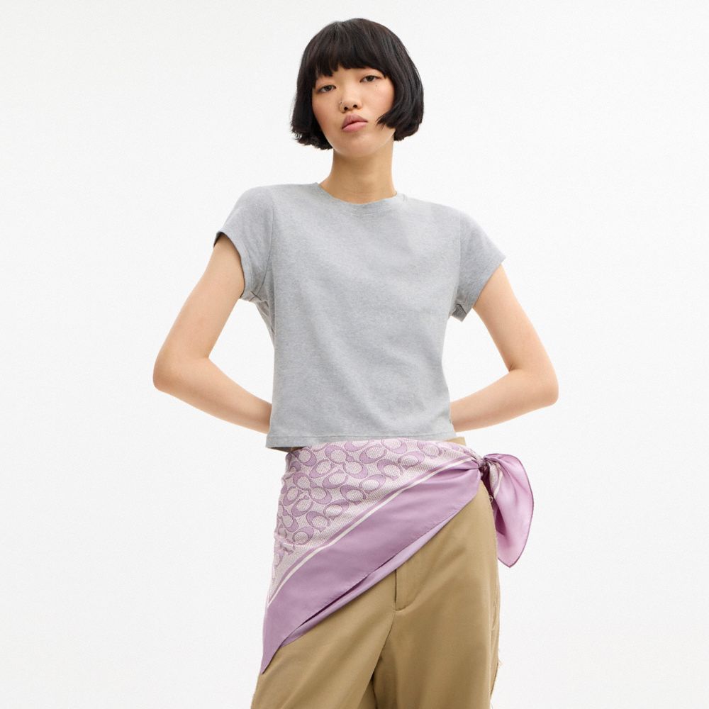 COACH®,Textured Signature Print Silk Square Scarf,Silk,Square,Color Block,Casual,Purple,Detail View